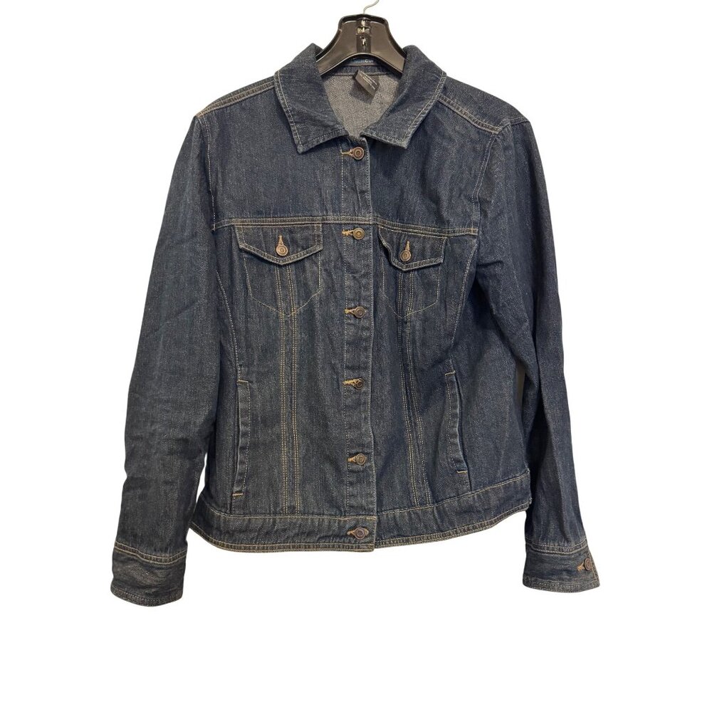French Cuff Womens Denim Jacket Large Dark Wash Button Front Casual